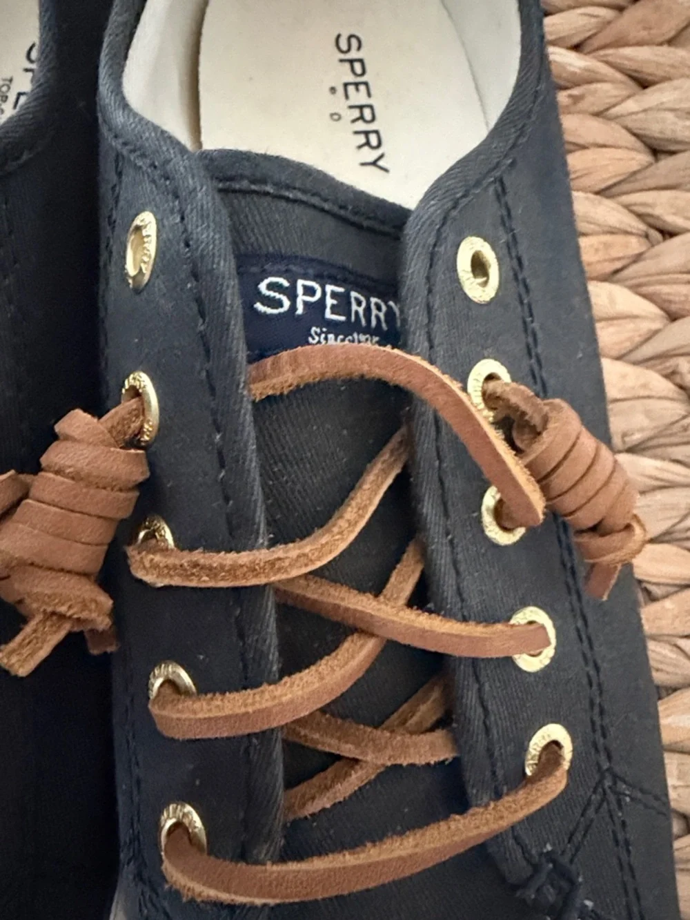 Sperry Black Canvas No tie Sneakers with Brown leather Laces - Picture 3 of 6